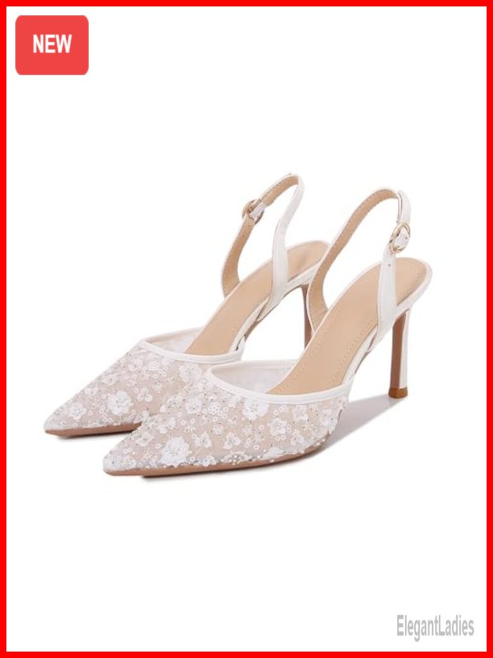 Lace Slingback Stiletto Heel Pointed Closed Toe Ankle Strap Pump Wedding Dress
